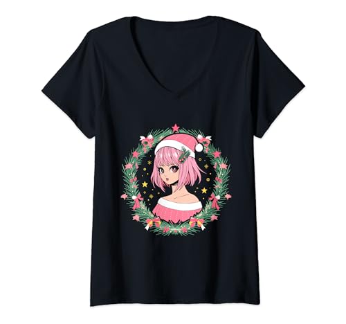 Femme Fille de Anime en Tenue de Noel Manga T-Shirt avec Col en V