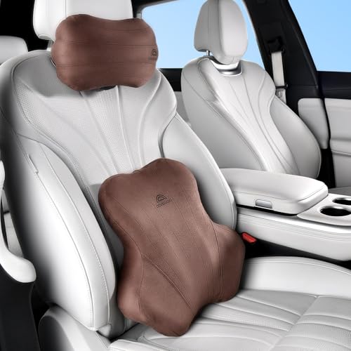 Image of Coverado Car Lumbar Support Pillow and Car Neck Pillow Kit, Ergonomic Design Car Headrest Pillow for Driving, Relax Back Head Muscles Relieve Driving Fatigue, Breathable & Removable Cover, Coffee