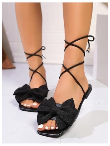 SweatyRocks Women's Bow Lace Up Flat Sandals Criss Cross Strappy Tie Straps Open Toe Shoes2