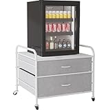 Tuedaino Mini Fridge Stand, 120LBS Metal Frame Black Iron Top, 2 Drawer Fridge Cart with Large Fabric Drawers, 4 Swivel Wheels for Home, Kitchen, Dorm, Office