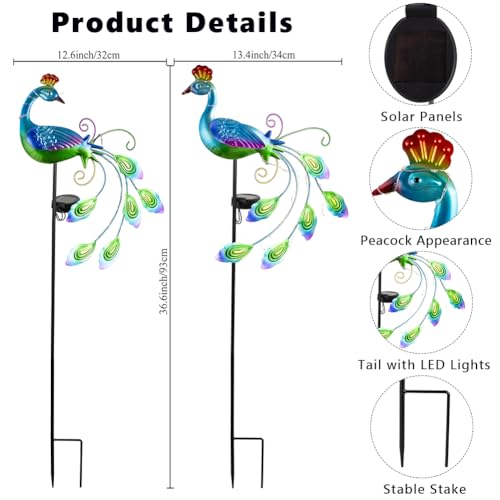 DREAMSOUL 2 Pack Peacock Solar Lights Outdoor Waterproof, Metal Outdoor Solar Lights for Yard Garden Peacock Decor