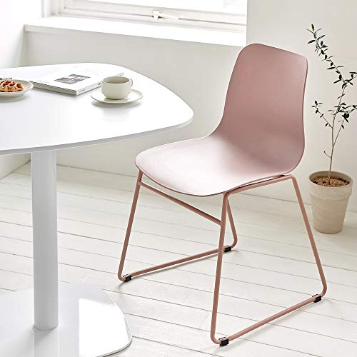 Roomnhome】 Durable Modern Pastel Tone Self-Assembly Plastic Seat And Steel Frame Kitchen, Dining, Bedroom Side Chair Set Of 4 (Light Pink) #TOP4
