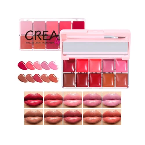 Jelly Lip Gloss Palette di 10 colori Nude Cream Lip Palette Lucido Liscio Morbido Lip Stain Rossetti Set Lunga Durata Lip Gloss Lip Color Palette con Pennello per Ragazze e Donne Trucco