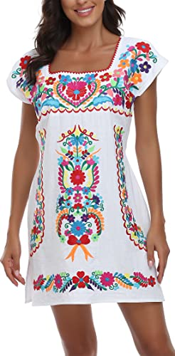 Image of YZXDORWJ Women Mexican Embroidered Dress Ruffle Collar Sleeveless