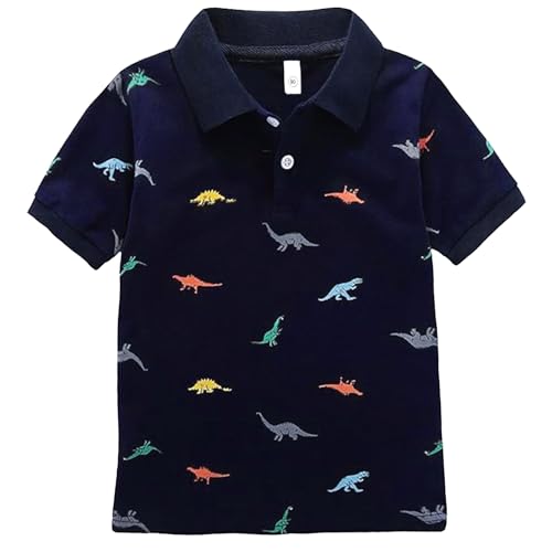 Boys Short Sleeve Polo Shirt, Cute Cartoon Collar Dino Printed T-Shirt, Age 1-6 Years Button Shirts Unifor