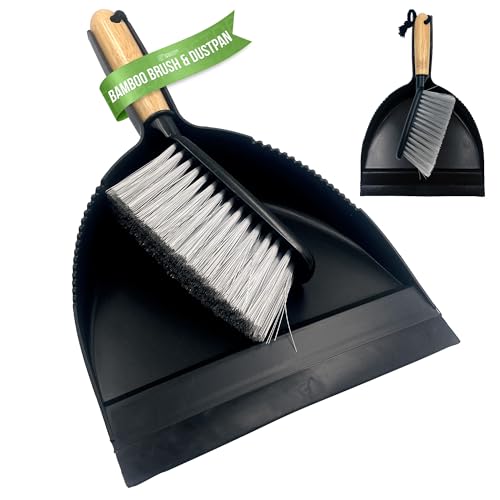 Dustpan and Brush Set with Bamboo Handle - Portable Brush and Dustpan Set with Rubber Lip - Perfect for Cleaning Kitchen, Office, Bathroom, Living Room, Garage, etc
