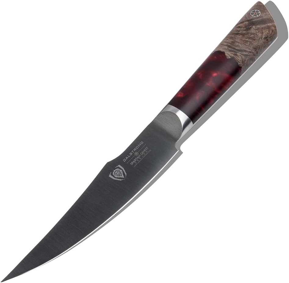 Dalstrong Curved Fillet Knife - 6.5 inch - Spartan Ghost Series - American Forged S35VN Powdered Steel Kitchen Knife - Maple & Red Resin Handle - Razor Sharp Boning Deboning - Leather Sheath