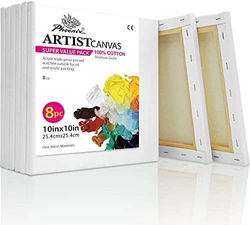 PHOENIX Stretched Canvas for Painting 10x10 Inch/8 Value Pack, 8 Oz Triple Primed 5/8 Inch Profile 100% Cotton White Blank Canvas, Square Framed Canvas for Oil Acrylic & Pouring Art