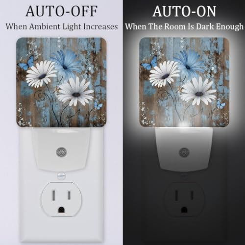 Image of NEWzone Rustic Blue Daisy Night Light [2 Pack], Plug in Wall Led Night Lights Decor for Boys Girls Room, Dusk to Dawn Sensor Wall Lamp for Stairway /Bedroom /Kitchen /Nursery Room