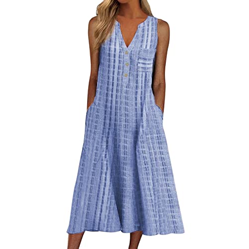 Robe longue chic sans manches col V boutonné à poches et motif rayé pour la saison estivale 2026