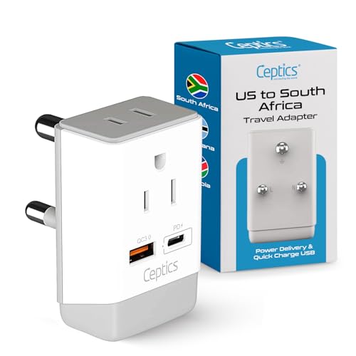 Image of Ceptics South Africa Power Plug Adapter Travel QC 3.0 & PD, Safe Dual USB & USB-C - 2 USA Socket Compact & Powerful - Use in S. Africa Botswana - Type M AP-10L - Fast Charging