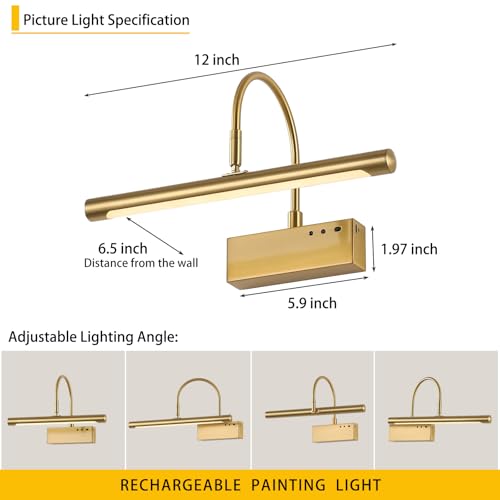 Image of Wireless LED Picture Light, Coredless Art Lighting for Wall, Brass Battery Frame Light with Remote, 3 Color Tone & Dimmable,12 inch Wall Decor Light for Art Display,Hallway,Study Room