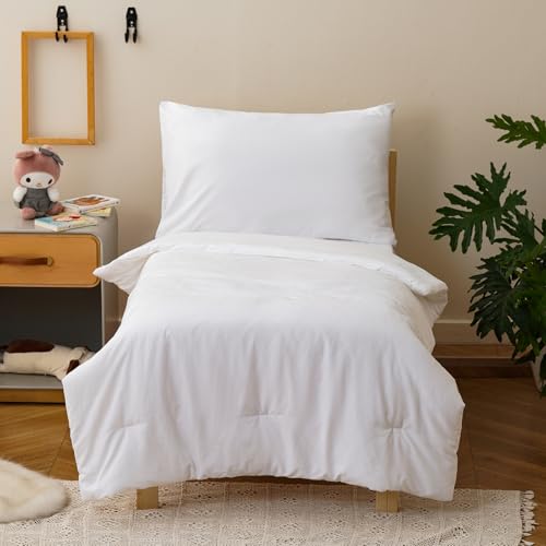 Image of Luxlovery Toddler Comforter Set White Solid Boys Girls Kids Boho Bedding Set Bed Set for Dorm 4 Pieces (1 Comforter, 1 Flat Sheet, 1 Fitted Sheet, 1 Pillowcase)