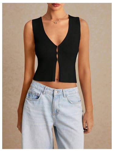 Image of GORGLITTER Women's Knit Top V Neck Sleeveless Button Down Sweater Vest