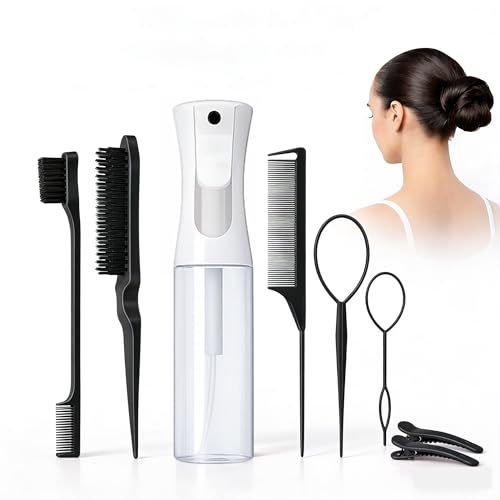 Slick Back Brush Set with Continuous Spray Bottle, Edge Brush, Rat Tail Comb, Hair Styling Comb,...