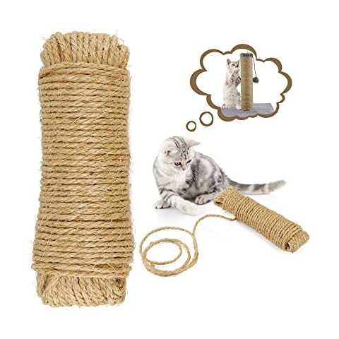 Natural Sisal Rope for Cat Scratcher 6mm/20m, HAPPY HACHI Twisted 9-strand Twine String Durable for DIY Cat Scratching Post Tree Replacement, Gardening Bundling, Craft Decoration Cover