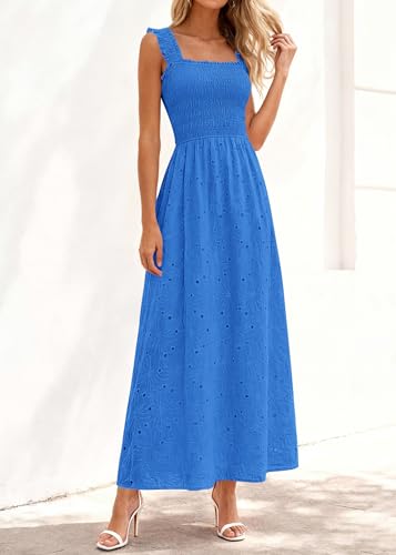 Image of KIRUNDO Summer Lace Dress for Women Eyelet Maxi Sundress | Boho Sleeveless Cotton Flowy Long Dresses, Wedding Guest, Beach Vacation, Baby Shower Guest Dress, Smocked Bust, With Pockets