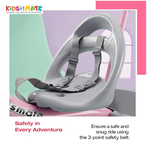 Image of Kidsmate Junior Tricycle for Kids with Parental Control | Cycle for Kids 1-4 Years | Baby Cycle | Bicycle with Storage Basket, Cushion Seat and Seat Belt Carrying Capacity 30 Kgs (Pink-Grey)