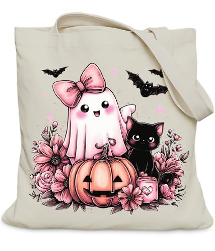 LUERHUI Pink Halloween Ghost Gifts Tote Bag for Women Girls Boo Black Cat Tote Bag for Spooky Season