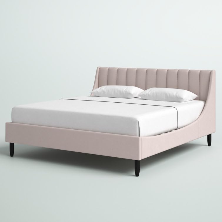 Image of HITHOS Solid Wood Modern Upholstered Queen Size Bed with Wingback Headboard | Wooden Double Bed Cot Palang Without Storage (Light Blush Pink) 1 Year Warranty
