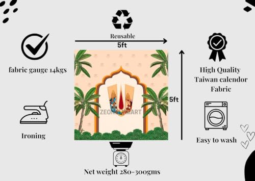Image of Backdrop Cloth for Decoration Pooja | Srinivasa Kalyanam Backdrop Cloth with Twin Banana Trees and Sacred Namam Frame for Weddings | varalakshmi Background Decoration Cloths 5x5 feet