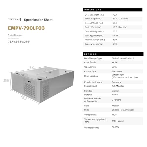 Image of Empava Luxury 79 inch Dual-Zone Hot & Cold Tub: Whirlpool Bathtub with Hydro-Massage & Cold Plunge with Smart Chiller - Featuring Ozone, App Control for Recovery & Wellness Rituals