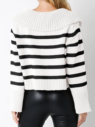 Saodimallsu Womens Striped Sweater V Neck Collared Fall Trendy Knitted Long Sleeve Loose Pullover Sweaters4