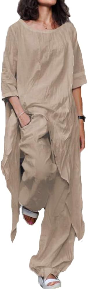 Artistic Style Loose Suit, Womens Casual 3/4 Sleeve Irregular hem Dress Summer Round Neck Cotton Linen Pants