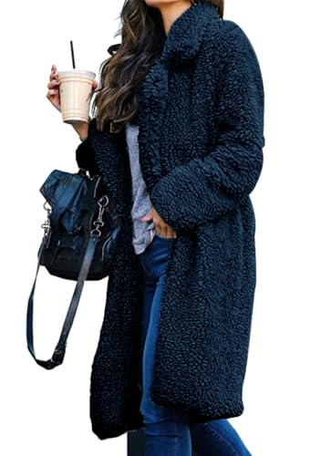 Image of YMING Lady's Long Teddy Fleece Jacket Winter Warm Cardigan Lapel Plush Coat Faux Fur Coat Navy Blue XXL