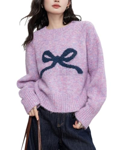 Image of Women's Y2K Bow Print Cropped Sweater Casual Loose Fit Pullover Tops Long Sleeve Crew Neck Chunky Knit Jumpers