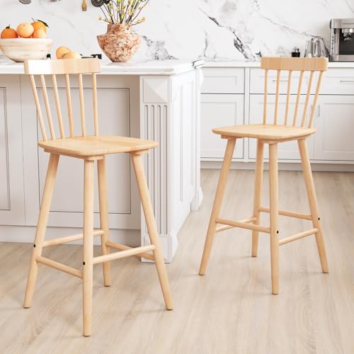 Juego de 2 taburetes de bar Farmhouse con altura de mostrador de madera con respaldo de husillo Windsor, ideales para isla de cocina o comedor