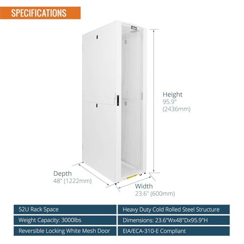 Image of Tecmojo 52U Server Rack Cabinet - PRE-Assembled 24inch Width 48inch Depth IT Network Equipment Cabinet Rack Enclosure with Casters - 3000lbs Weight Capacity, White