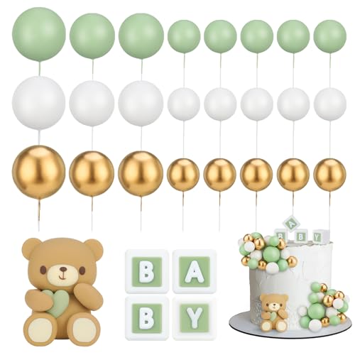 Libfrnt 29 Pcs Ball Cake Toppers Bear Cake Decorations with Cute Bear Blue BABY Letter Blue Gold White Foam Balloon for Baby Shower Girl Boy (Green)
