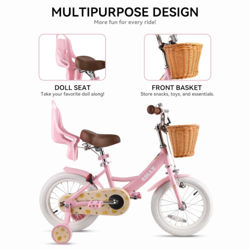 Image of RULLY Fruit Kids Bike 12 14 16 Inch Bicycle for Girls Ages 2-7 Years, Training Wheels Included, Girl Bikes with Basket & Doll Seat