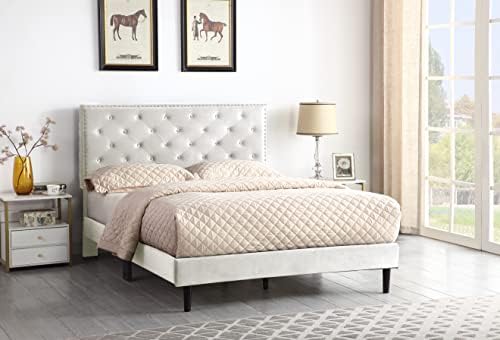 Full Upholstered Platform Bed Frame with 48" Tall Adjustable Headboard - Button Tufted Suede Velour Bed- Wood Slat Support with Storage Space- No Box Spring Needed - Beige - OLIVER & SMITH - Princeton