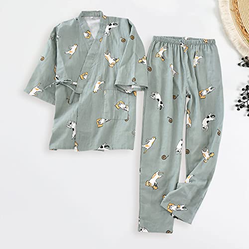 2Pcs/Set Top Pants Set Relaxing Japanese Style Kimono Pajamas Set Popular Green M2