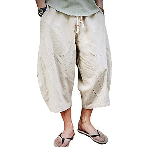 EKLENTSON Mens Capri Pants Cotton Linen Lightweight Loose 3/4 Long Shorts Below Knee White Casual Beach Yoga Pants, Beige, 40 Cover