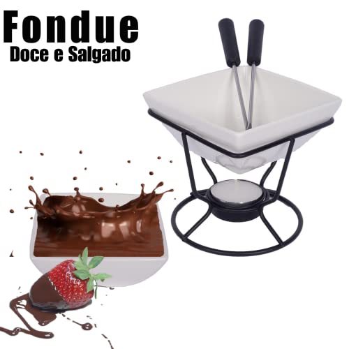 Conjunto Fondue Em Cerâmica Quadrado 7 Peças 200ml Chocolate Queijo - 3 Velas