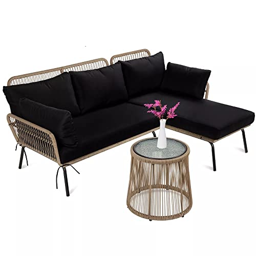 Image of DEVOKO 3 Piece Outdoor Comfortable L-Shaped Sectional Rope Conversation Lounge Sofa Set with Glass Top Table for Balcony, Patio, Garden, Pool (Beige & Black)