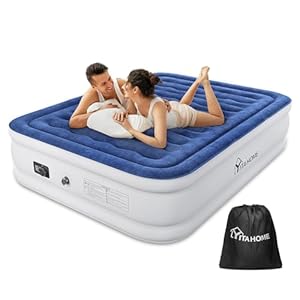 YITAHOME Air Bed Double with Built-in Pump, King Inflatable Air Mattress 3 Mins Quick Self-Inflation/Deflation, Portable Blow Up Bed Airbed for Guest Home Camping Travel Outdoor, Wave, White/Blue