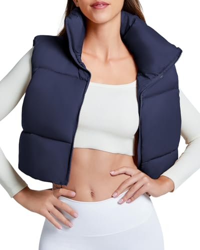 Century Star Navy Blue Puffer Vest Women Cropped Puffer Vest Women's Outerwear Vests Puffy Sleeveless 2024 Quilted Vest Top Jacket Coat Fall Winter Gilet Sleeveless Zip Girls Puffer Vest X-Small
