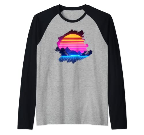 Sunset Over Canyon And Grid Montañas Paisaje Synthwave Camiseta Manga Raglan