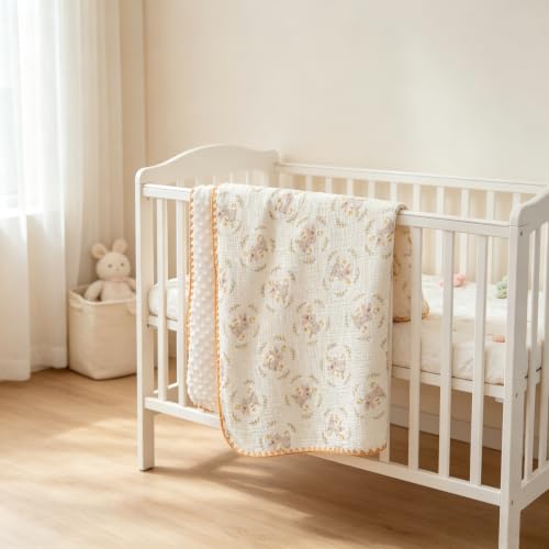 Image of Baby Blanket Cotton Muslin Thick Dotted Backing Double Layer Receiving Blanket 40 inchx40 inch (Rabbit)