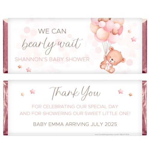 We Can Bearly Wait Baby Shower Personalized Candy Bar Wrappers - Set of 36 (Pink)