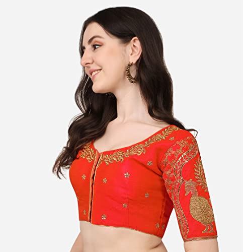 Image of Pujia Mills Women's Phantom Silk Embroidery Handwork & Sequin Work Peacock Design Half Sleeve Readymade Blouse (Mor Blouse Gold 38 Size+Margin)