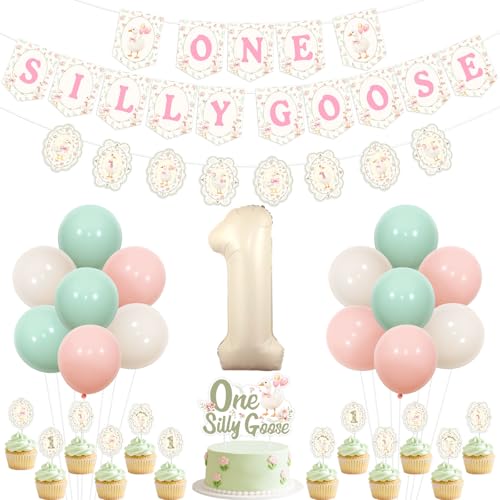 Kreatwow Silly Goose 1st Birthday Decoration for Girls Vintage One Silly Goose Birthday Banner Garland Funny Geese First Bday Cake Topper Our Little Geese Is Turning One Farm Animal Party Balloon