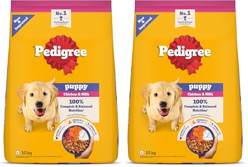 Image of Pedigree Puppy Dry Dog Food, Chicken & Milk, 10 kg, Contains 37 Essential Nutrients, 100% Complete & Balanced Food for Puppies (Pack of 2)