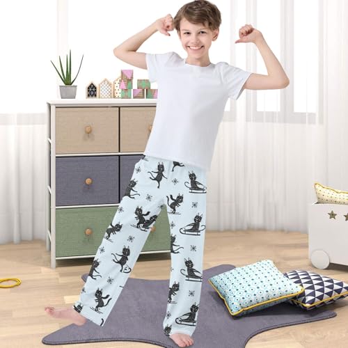 Boy's Pj Pants Sledge Black Cat Skate Skiing Lounge Bottoms Elastic Waist Kids Joggers with Pockets Size 6-144