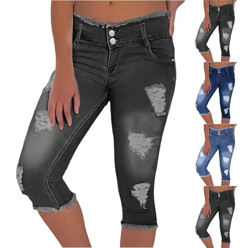 Skinny Capri Jeans for Women Low Rise Cropped Stretchy Ripped Jeans Raw Hem Distressed Denim Jeggings with Pockets