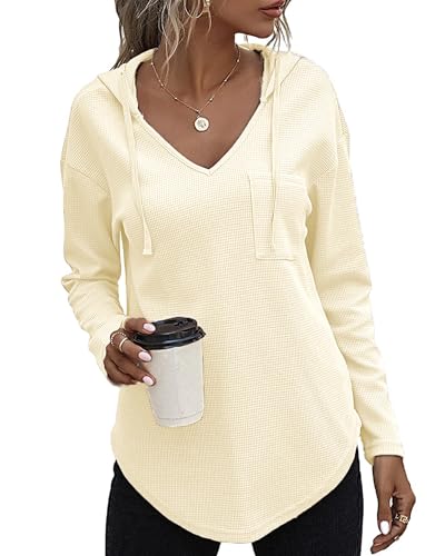 SENBATU Sudadera con Capucha suéter de Manga Larga para Mujeres Sudadera con Capucha de Cuello V Sudadera de con Cuerda de Bombeo y Bolsillo Crema Large